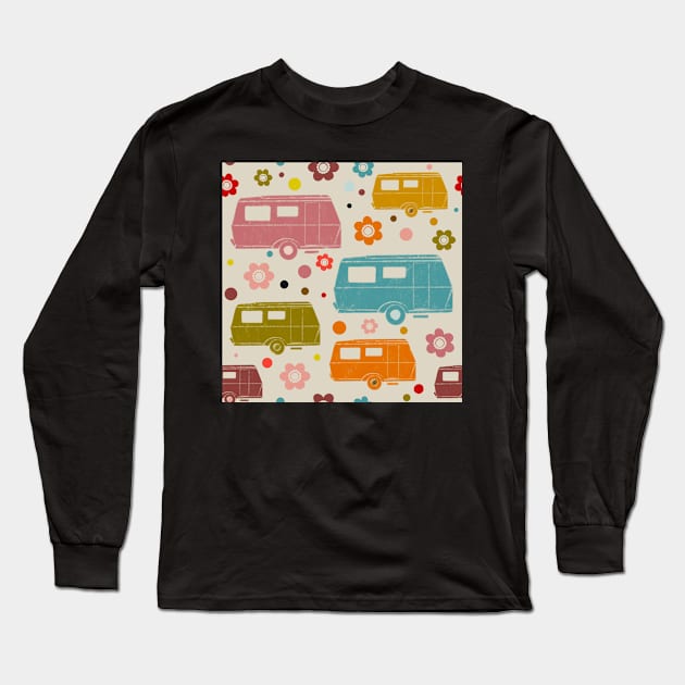 Colourful Vintage Caravans and Flowers Pattern Long Sleeve T-Shirt by NattyDesigns